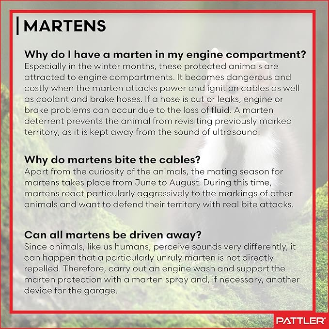 PATTLER® Marten Repellent for Car Engines - Ultrasonic Marten Repeller Under Hood for Immediate and Long-Term Protection Against Martens. Marten Deterrent for Cars Powered by 12V Car Battery - 2 Unit