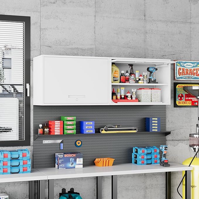 Metal Storage Cabinet White Wall Cabinets with Shelf and Locking Door - Wall Mounted Storage Cabinet for Garage Warehouse Home Office - Assembly Required