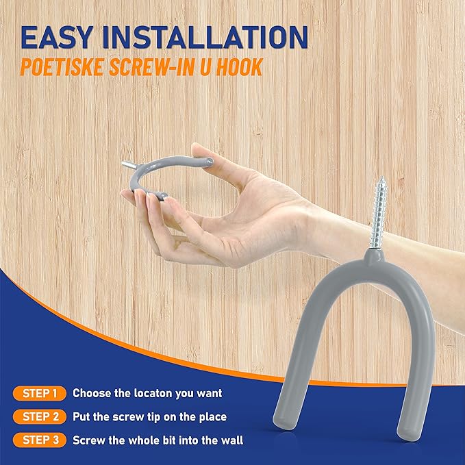 POETISKE Screw in U Utility Hooks Wall Mount Garage Storage Organizer Hanger Hanging Shovels Broom Guitar Garden Tools Heavy Duty Vinyl Holder 16pack