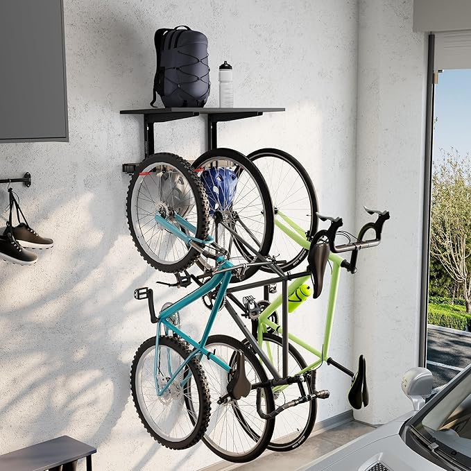 Mount-It! WheelsUp Bike Wall Mount with Shelf | Garage Storage Rack for 3 Bikes & Accessories | Adjustable Padded Hooks, 110 lb Shelf Capacity | Ideal Bike Rack Garage Wall Mount for Organized Spaces