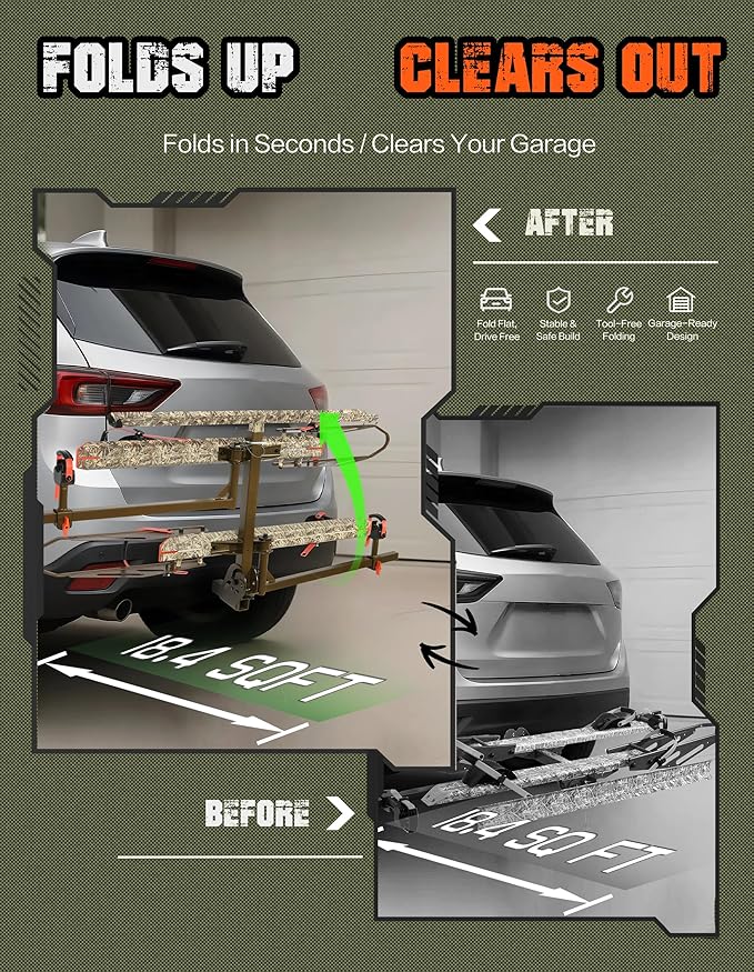 Young Hitch Bike Rack for 2 E-Bikes, Heavy Duty Platform Carrier, 200lbs Capacity, Foldable, Fat Tire, Electric Bike, Hitch Mount, SUV, Truck, RV, Car, 2" Receiver, Anti-Wobble, Camo