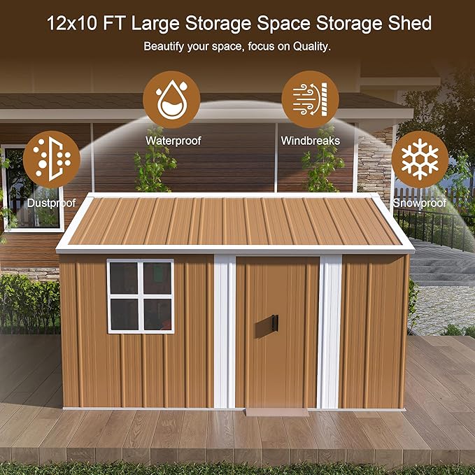 12 x 10 FT Outdoor Storage Shed, Metal Garden Tool Shed with Slooping Roof, Lockable Doors and Windows, All-Weather Weatherproof Blike shed for Garden, Patio, Lawn, Yellow