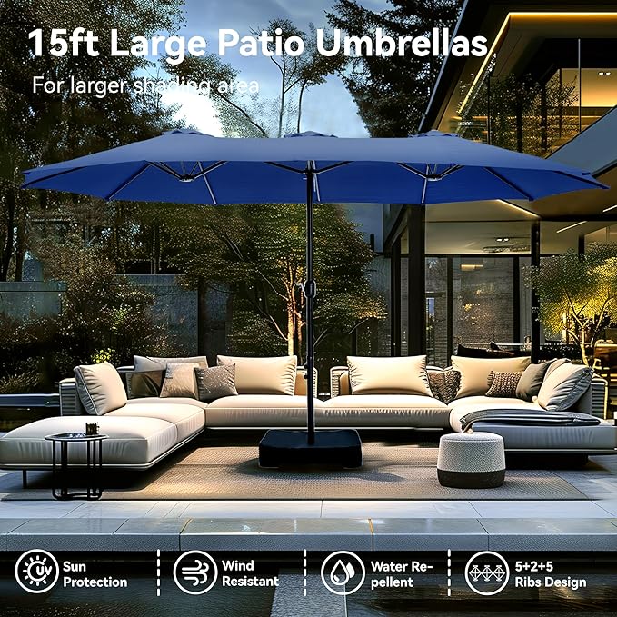 PHI VILLA 15ft Large Patio Umbrellas with Base, Outdoor Double-Sided Rectangle Market Umbrella for Pool Lawn Garden, Haze Blue