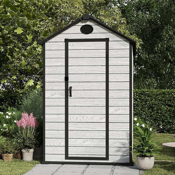 4.4x6 FT Resin Outdoor Storage Shed Large, 230 Cuft Garden Tool Sheds & Outdoor Storage Plastic Shed with Floor, 7FT Tall Backyard Outside Lawn Mower Storage Shed with Side Window, Cemented Grey