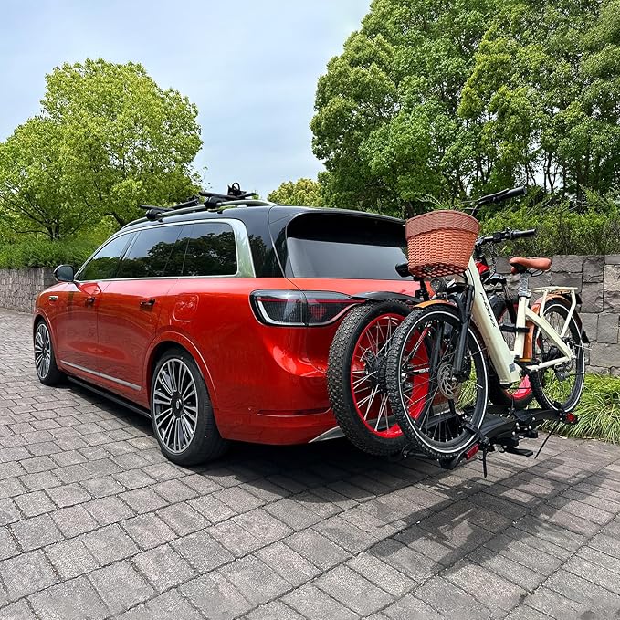 Foldable Electric Bike Rack Hitch Mount with Ramp for 2" Receiver, 2 Bike Rack for Car, Up to 4’’ Fat Tire, 136 lbs Capacity, with Locks, Tiltable, Wheels for Easy Transport