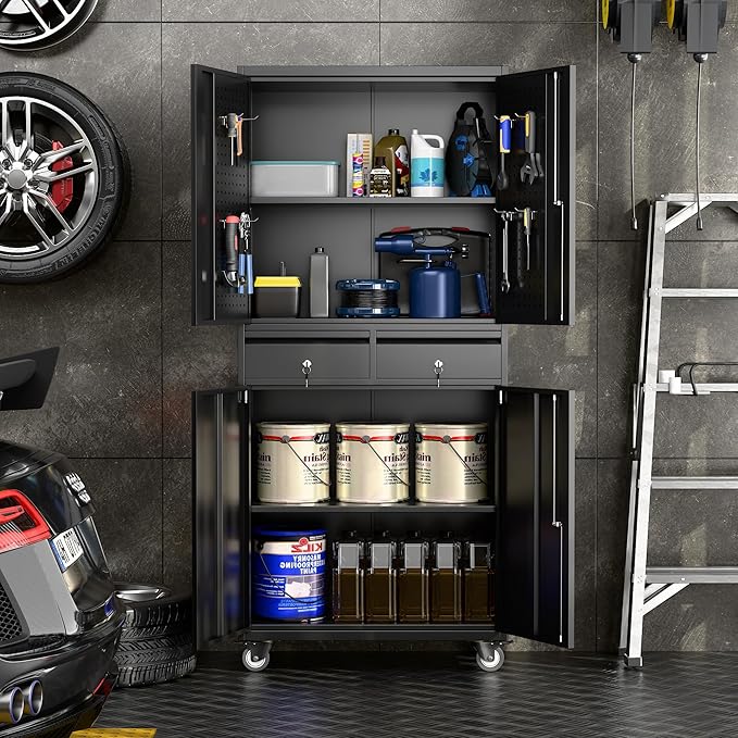 71" Metal Garage Storage Cabinet with 8 Hooks and Pegboards,2 Drawer Rolling Tool Storage with Locking Doors and Adjustable Shelves,Heavy Duty Steel Tool Cabinet for Garage, Warehouse