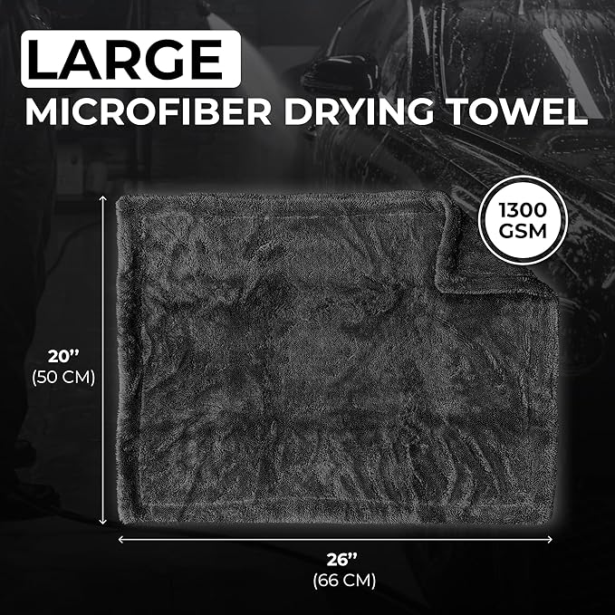 Large Car Drying Towel, 1300 GSM Professional Car Towel with Double Twisted Loop,Super Absorbent Large Microfiber Drying Towels for Cars, Trucks, SUVs - 20"x26", Gray