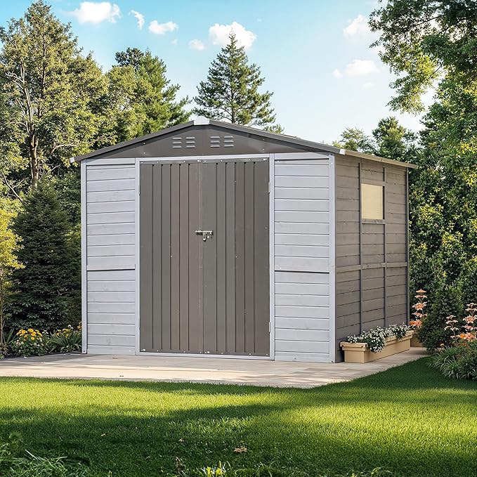 MyVoice 8x8 FT Wooden Outdoor Storage Shed with 4 Vents & 2 Adjustable Windows, DIY Cedar Tool Shed Kit, Garden Bike Firewood Storage, Waterproof Backyard Outdoor Shed for Patio, Lawn, Yard & Garage