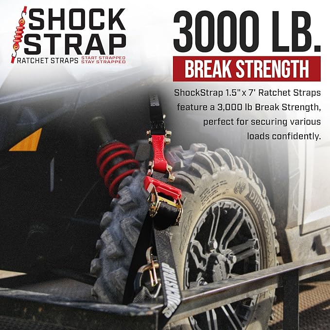 Ratchet Strap, 7’ x 1.5" Shock Absorbing Heavy Duty Tie downs for Cargo, 1,000 LB WLL / 3,000 LB Break Strength, 4-Pack