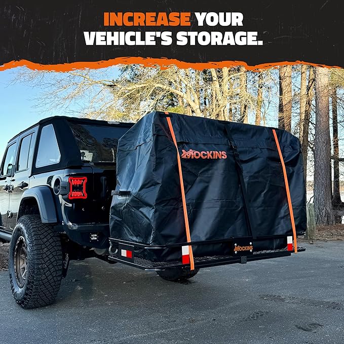 Mockins 60"x24"x6" Weatherproof Trailer Hitch Cargo Carrier & 25 Cu.Ft. Waterproof Cargo Bag | 500 Lbs. Capacity Folding Luggage Rack for Car Hitch w/All-Weather Truck Bed Storage Bag & Accessories