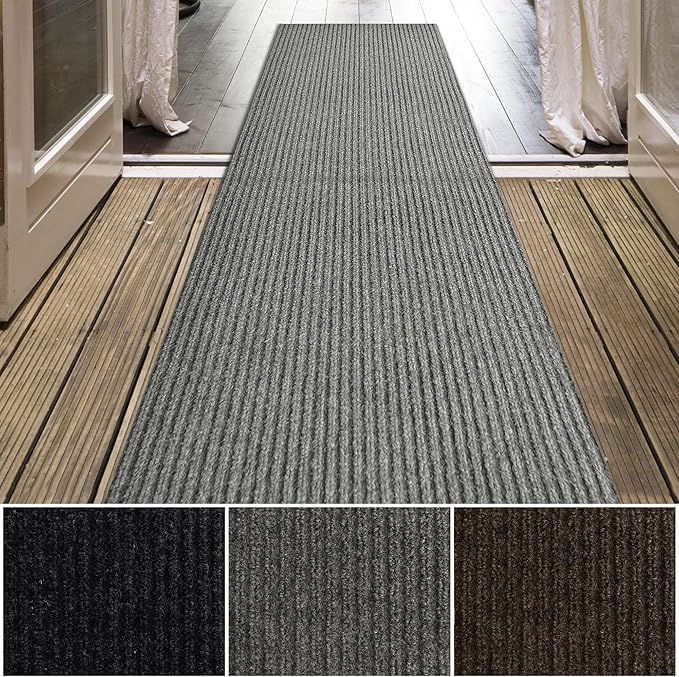 iCustomRug Spartan Weather Warrior Indoor/Outdoor Utility Ribbed Carpet Runner with Non-Slip Thermoplastic Rubber Backing, 3ft X 64ft in Grey