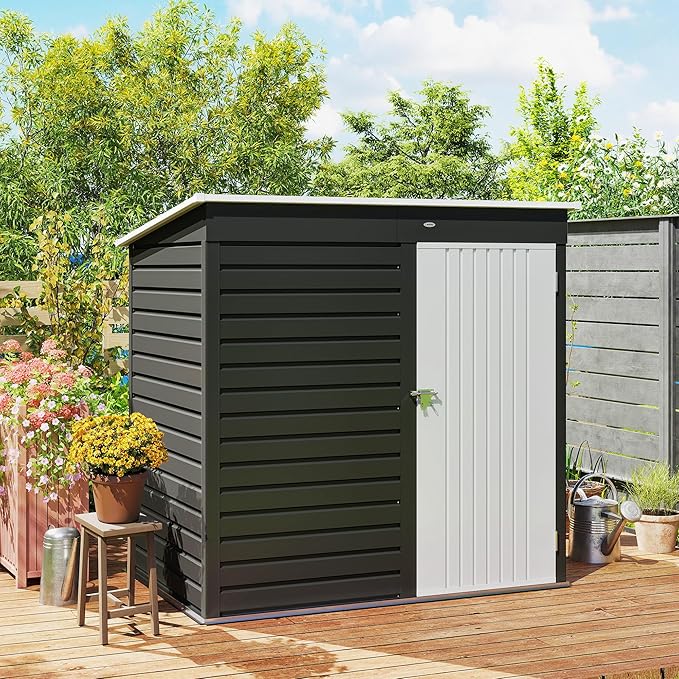 Outsunny 6' x 4' Outdoor Storage Shed, Easy to Assemble, Metal Garden Tool Shed with Lockable Door and Gloves for Backyard Garden Patio Lawn, Dark Gray