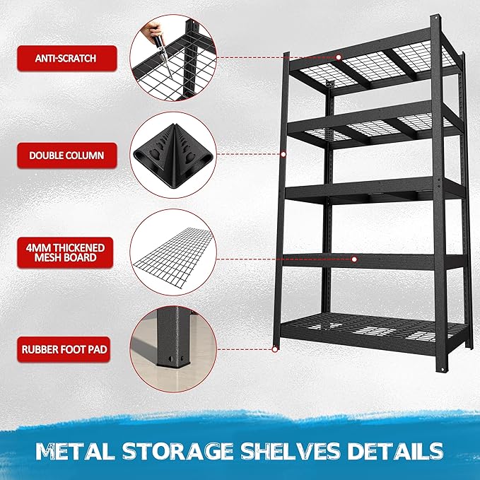 MUPATER 48.03”W × 24.41”D × 83.78”H Metal Storage Shelves, 5-Tier Adjustable Shelves, 3000 LBS Heavy Duty Standing Utility Shelf Racks for Pantry, Warehouse, Kitchen, Garage