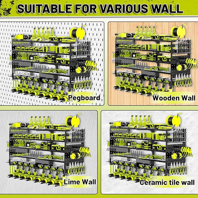5 Layers Power Tool Organizer Wall Mount, Metal Cordless Tool Storage Rack Holder with 8 Drill Holders, Heavy Duty Garage Wall Tool Shelf for Workshop Tool Room Men Husband Father Gift Black