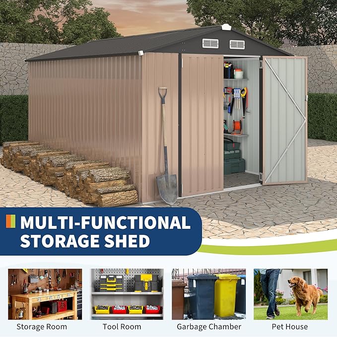 8x12x6.4 FT Outdoor Storage Sheds, Metal Garden Tool Shed for Backyard, Large Metal Sheds Outdoor Storage With Lockable Doors & Air Vents for Backyard Garden Patio Lawn