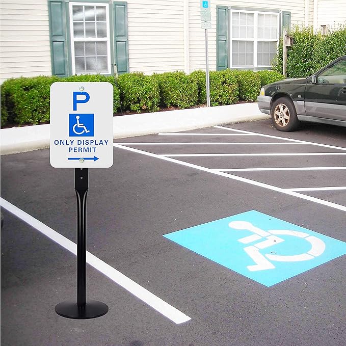 Parking Sign Post 48" Heavy Duty Cast Iron Parking Signs Stand, Movable Sign Stand for Hanging Signs, Black （15 pounds）