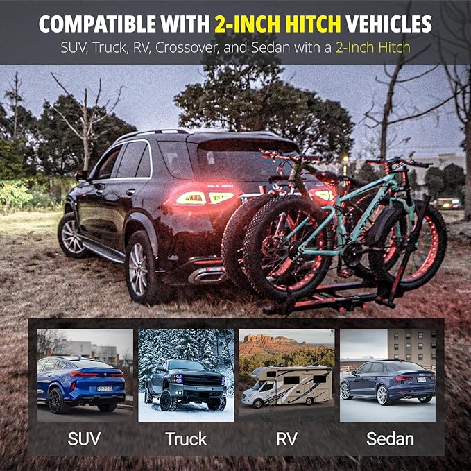 TrailV2 Plus Hitch 2 Ebike Rack with Ramp, Tilt, Fold, Anti-Theft Hitch & Wheel Locks, Heavy Duty 170 lbs Capacity, Fits 2" Receiver, Max 5" Fat Tires, Electric Bike Rack for for Car, SUV, Truck, RV