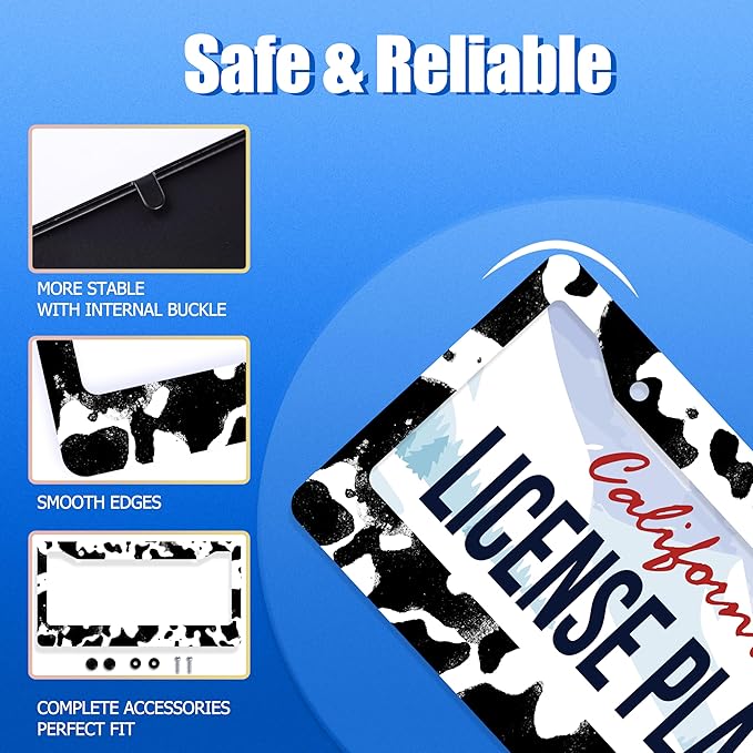 Black White Cows Texture License Plate Frame Animal Cowhide Print License Plate Stainless Steel Funny License Plate Holder Accessories Car Decoration with Screws Fits Standard Vehicles Size12.3 x6.3