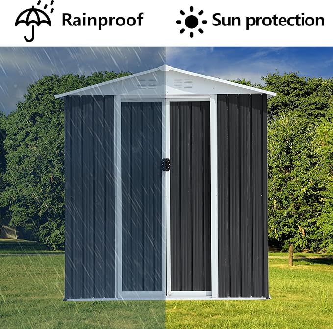 6x9 FT Outdoor Storage Shed, Metal Garden Shed with Lockable Sliding Doors, Outside Tool Shed with Sloped Roof & 4 Air Vents, Waterproof Storage Building for Backyard, Patio, Lawn, Gray