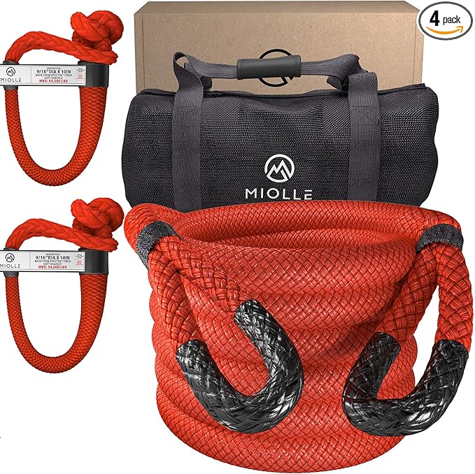 MiolleGear Heavy Duty Kinetic Recovery Tow Rope (Firecracker RED, 1-1/4"x30) (53000 lbs) with 2 Soft Shackle USA Spectra 9/16' x 10" (54000 lbs)