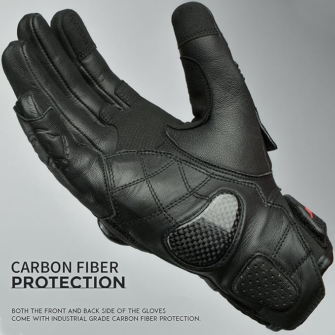 J.A.G. Leather Motorcycle Gloves for Men - Carbon Fiber Knuckle Protection, Motorbike Powersports, Dirt Bike, Touchscreen Gloves for Men and Women, Guantes para Moto.