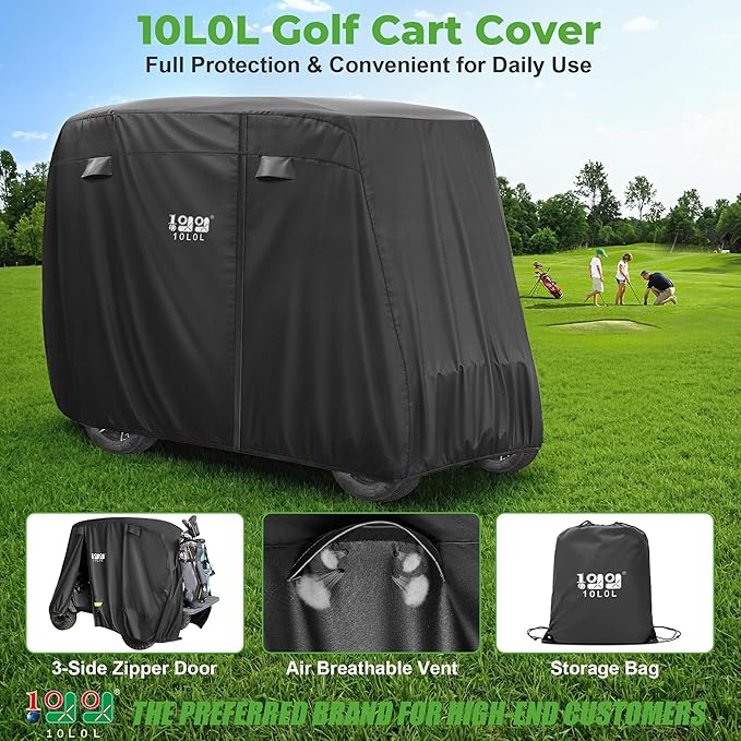 10L0L 4 Passenger Golf Cart Cover for Yamaha EZGO Club Car, 400D Polyester All-Weather Waterproof Golf Cart Storage Cover with Three Zipper Doors-Black