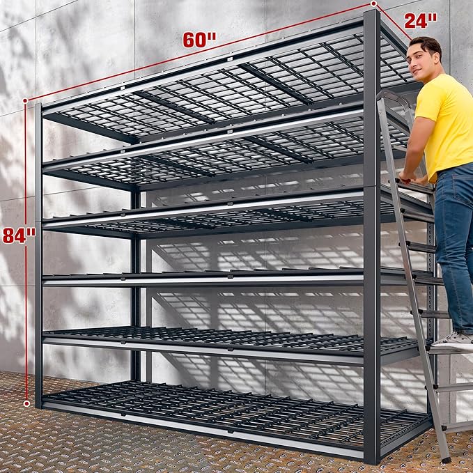 REIBII 60" W Garage Shelving, 2900LBS Storage Shelves, 6 Tier Heavy Duty Shelving, Adjustable Metal Shelving Units and Storage Rack for Warehouse, Pantry, Basement, 60" W x 84" Hx 24" D, 2 Pack