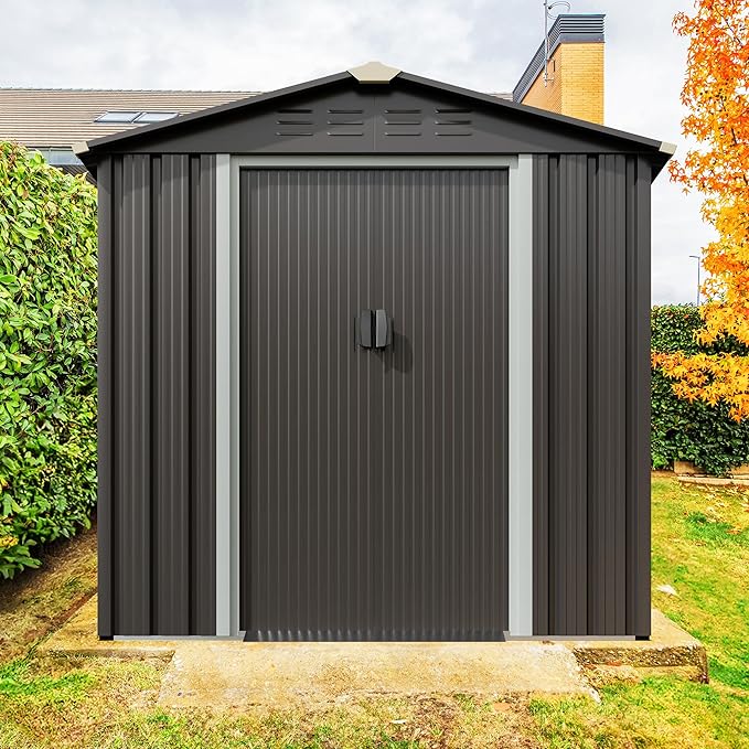 JYQAQA 6x4 FT Outdoor Garden Storage Shed,Waterproof Metal Garden Sheds with Lockable Double Door,Weather Resistant Steel Tool Storage House Shed forPatio,Lawn Gray