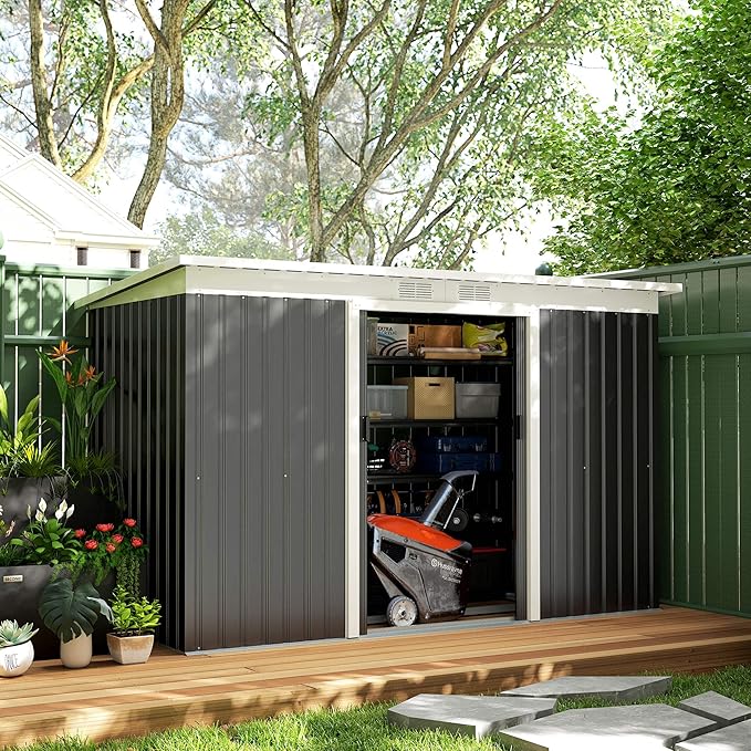 Outsunny 9' x 4' Outdoor Storage Shed, Metal Garden Tool House with Sloping Roof and Lockable Door for Backyard, Bike, Patio, Garage, Lawn, Gray