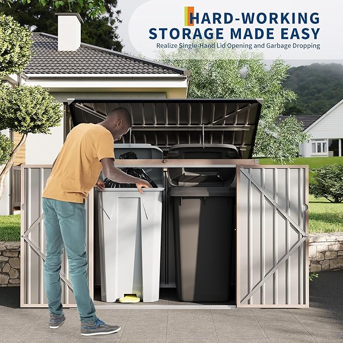 3x6 FT Garbage Bin Shed Stores, Outdoor Trash Can Storage 2 Binsgarbage Bin Storage Shed, Metal Trash Shed Waterproof Outside Storage