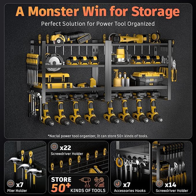 Power Tool Organizer Wall Mount, 4 Layer Drill Holder Wall Mount, Heavy Duty Metal Tool Shelf, Garage Tool Organizers and Storage Rack,Utility Storage Rack for Cordless Drill Charging Station-Black