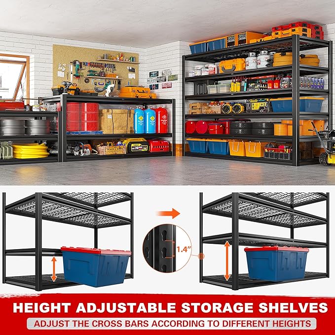 REIBII 3500LBS Garage Shelving, Adjustable Storage Shelves Heavy Duty, 6 Tier Heavy Duty Shelving, Metal Shelving Unit for Warehouse, Basement, Industrial, 55" W x 26" D x 84" H, Black, 4 Pack