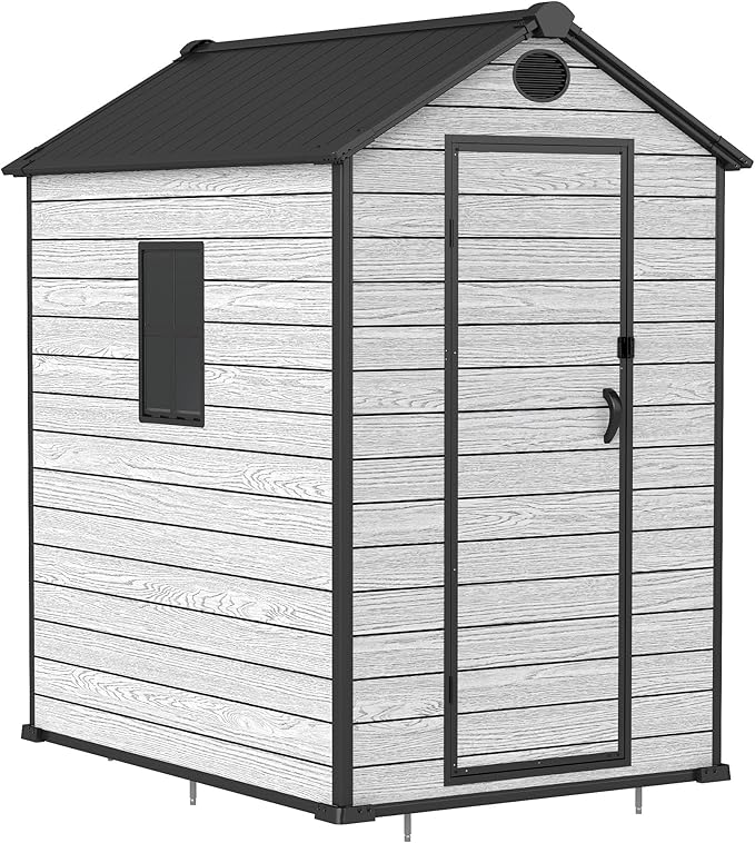 4.4x6 FT Resin Outdoor Storage Shed Large, 230 Cuft Garden Tool Sheds & Outdoor Storage Plastic Shed with Floor, 7FT Tall Backyard Outside Lawn Mower Storage Shed with Side Window, Cemented Grey