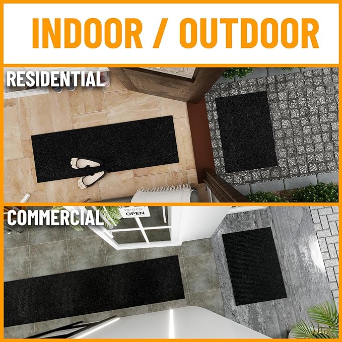 Ottomanson 2' x 22' Hallway Runner with Scraper Pile Extra Durable Non-Slip Rug Mat for Indoor & Outdoor Use - Ideal for Kitchen, Entryway, Patio & Garage - High-Traffic Carpet, Black