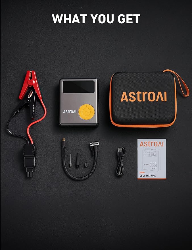 AstroAI Portable Car Jump Starter with Air Compressor, 150PSI 1750A Car Jumper Starter Battery Pack with Cordless Tire Inflator (7.5 Gas/5.0L Diesel), 12V Jump Box, Large LCD Display, Lights(Yellow)