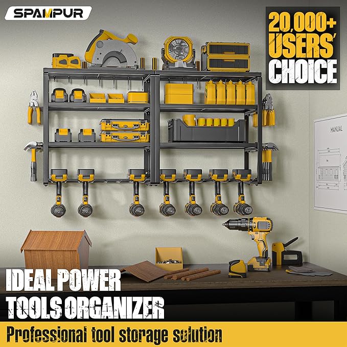 Power Tool Organizer, 15 Min Quick Assembly & Max 420lbs load by Heavy Duty Metal, 4 shelves 8 Slots for Cordless Drill in Garage/Workshop/Pegboard/Shed Suitable for Father's Day