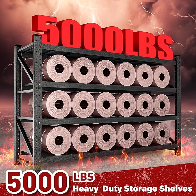 71.3" Wide Heavy Duty Garage Shelving Units,5000LBS Deep Storage Shelves,Black Metal Garage Shelves,Steel Shelf,Large Storage Rack,Industrial Shelving for Shop,Warehouse,Basement,71.3"W x 24"D x 70"H