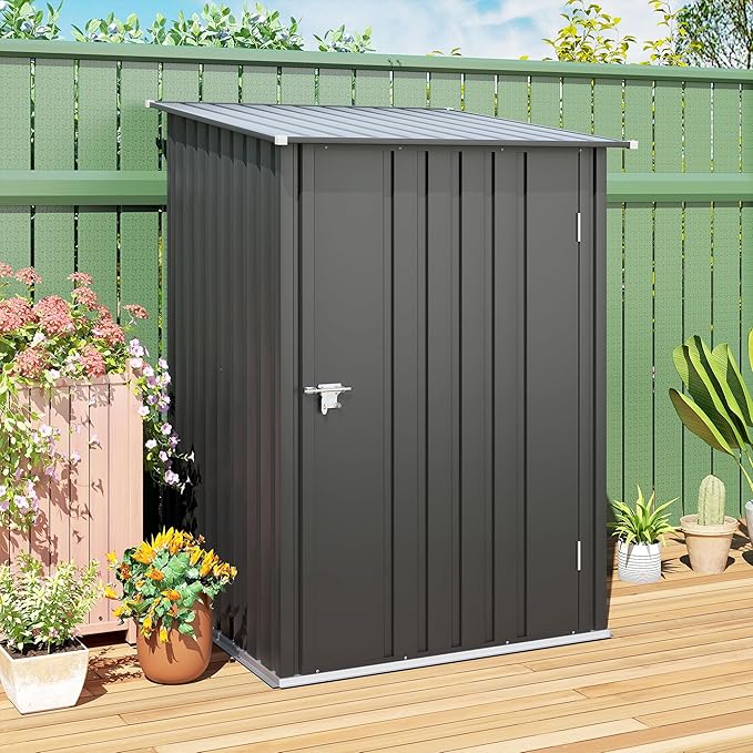 Outsunny 3.3' x 3.4' Outdoor Storage Shed, Metal Garden Tool House with Sloping Roof and Lockable Door for Backyard, Bike, Patio, Garage, Lawn, Gray