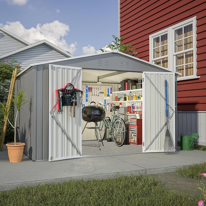 10X8 FT Outdoor Tool Storage Shed with Metal Foundation & Lockable Doors, All Weather Metal Sheds for Garden, Patio, Backyard, Lawn