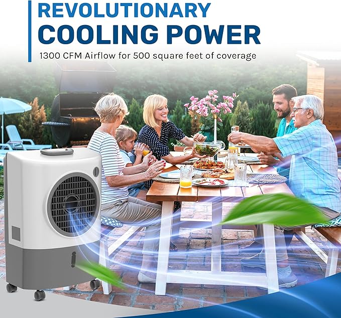 Portable Swamp Coolers - 1300 CFM MC18M Evaporative Air Cooler with 2-Speed Fan, 53.4 dB - 500 sq. ft. Coverage Evaporative Air Cooler Portable High Velocity Outdoor Cooling Fan by Hessaire - White
