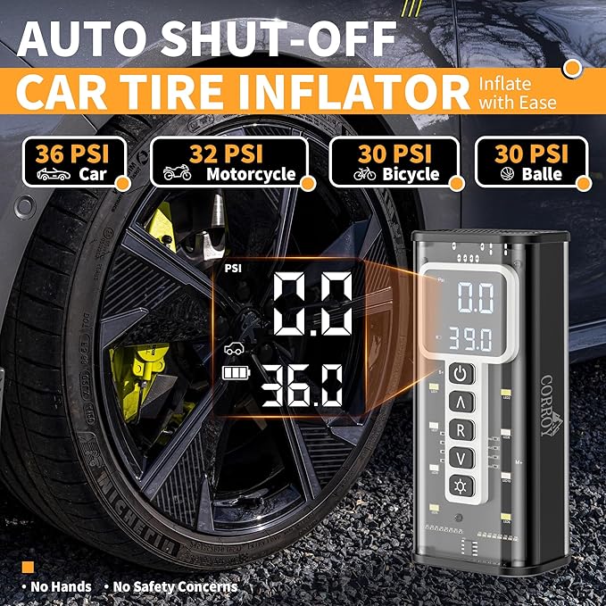 Tire Inflator Portable Air Compressor – 20000mAh Battery, 150PSI Cordless Bike Pump, Dual 12V DC Power, Tire Pressure Gauge, Air Pump for Fast 5X Inflation for Cars, SUVs, Bikes & Balls