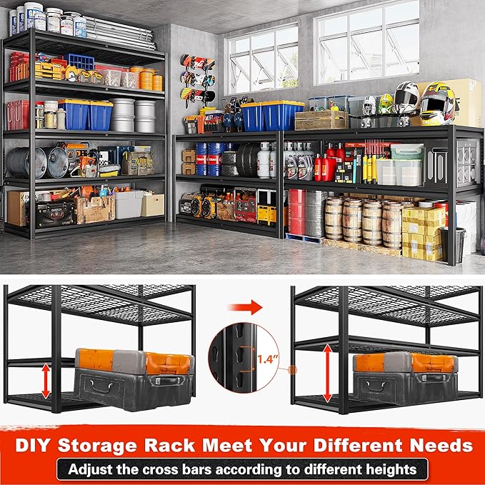 REIBII 78" H Garage Shelving Heavy Duty Load 3000LBS, Adjustable Storage Shelves, 5 Tier Metal Shelving Unit for Storage Racks Industrial Shelf, 55.2" W x 26" D x 78" H, Black