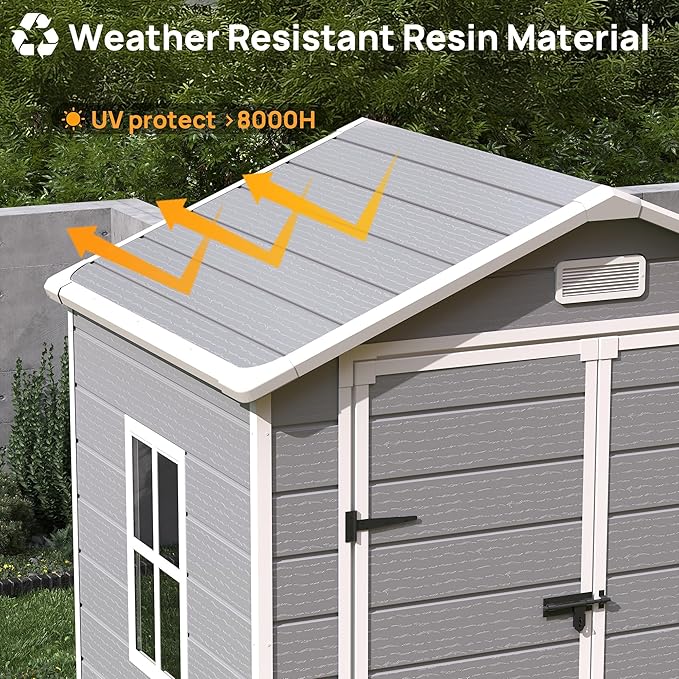 Outdoor Storage Sheds with Floor, 6x4.5 FT Resin Garden Shed with Lockable Door, Window, Waterproof, Plastic Tool Storage for Bike, Garbage Can, Grey White