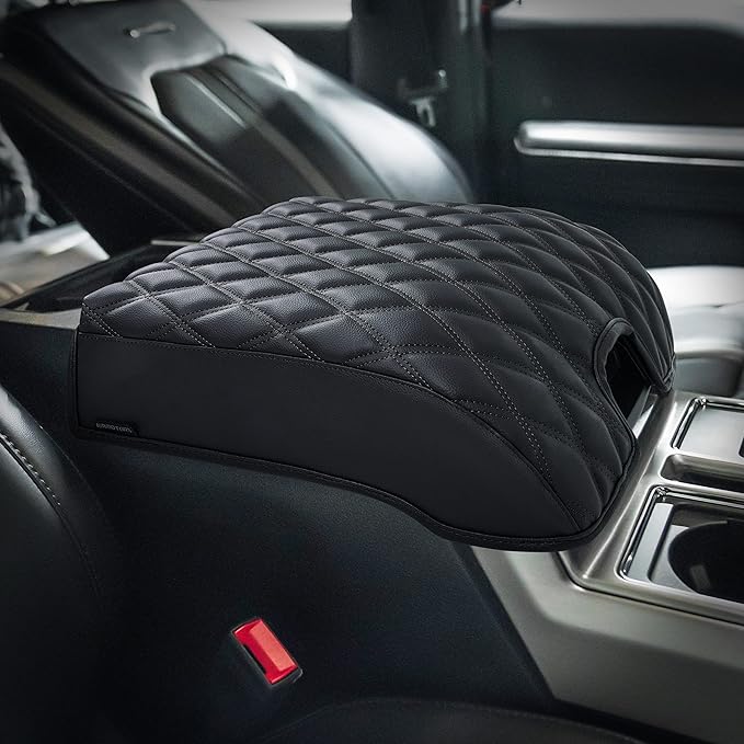 KMMOTORS F150 Center Console Cover, Thick Armrest Cushion, Interior Accessories, Funda para consola de coche, Vegan Leather, Armrest Protector (2015~2020, Full Cover), F150 Accessories
