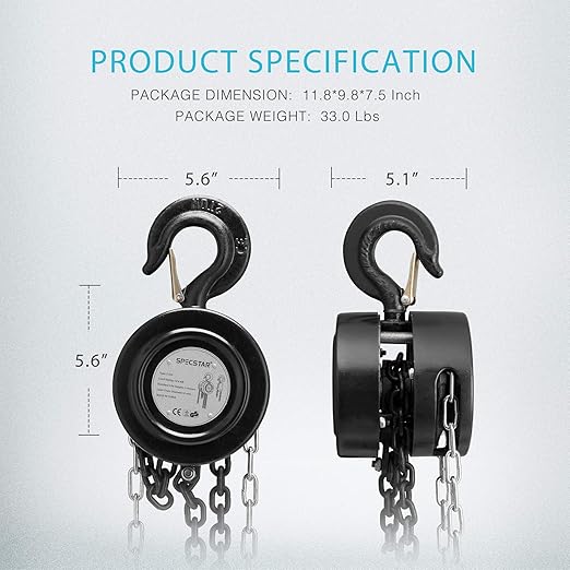 SPECSTAR Hand Chain Hoist 2 Ton 4400 Lbs Capacity 10 Feet with 2 Heavy Duty Hooks, Manual Chain Fall for Warehouse Building Automotive Machinery Black