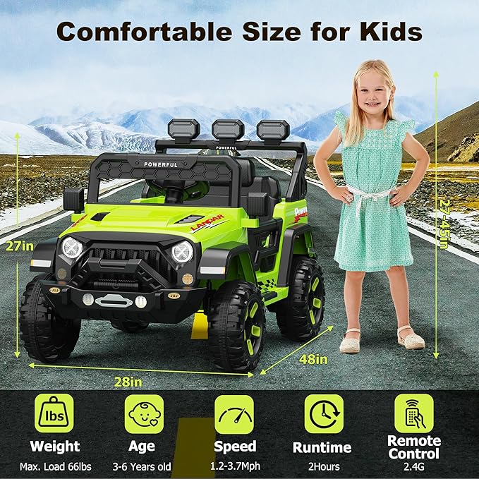Kids Electric Vehicle, 12V Battery Powered Ride On Car with 2.4G Remote Control, Electric Car for Kids, 3 Speed Ride On Toy, Soft Start, LED Lights, Bluetooth, Green