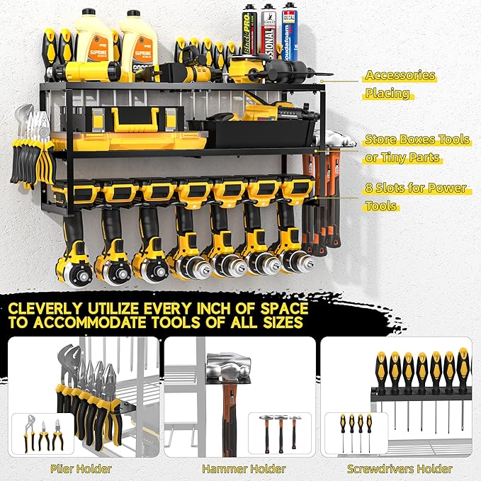 Power Tool Organizer-7 Drill Holder Wall Mount, Garage Organization Storage, 3 Layer Heavy Duty Metal Power Tool Rack,Garage Tool Organizer with Screwdriver Plier Hammer Holder, Men Dad Gifts