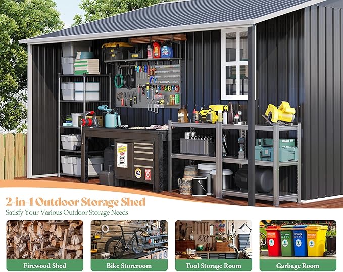 AMERLIFE 10.6x10.3x6.3 FT Galvanized Metal Storage Shed with Open Firewood Bay, Sliding Doors & Ramp, 2 Windows & Vents, Weather-Resistant Outdoor Tool/Garden Shed, Dark Grey/White