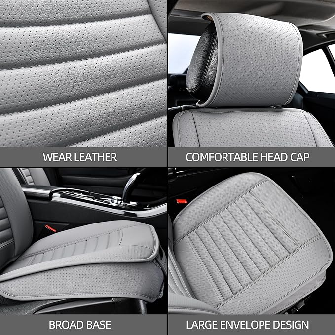 2pc Car Seat Covers, Luxury Car Protectors, Universal Anti-Slip Driver Seat Covers, Edge Wrapping Front Car Seat Covers with PU Leather(Gray)