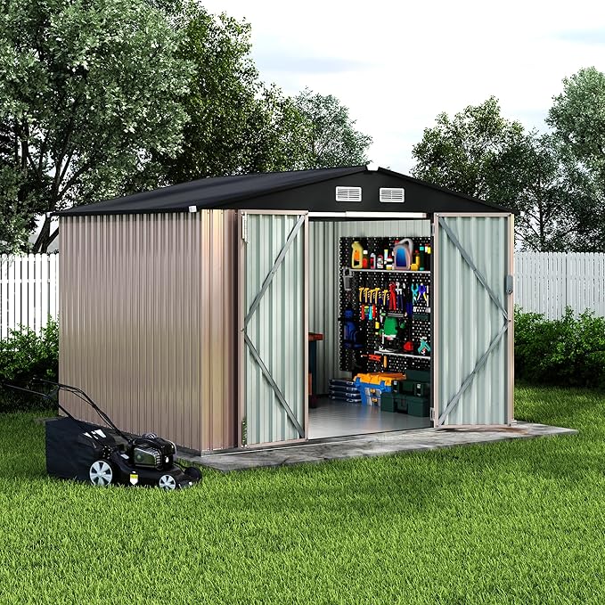 8x10x6.4 FT Outdoor Storage Sheds with Floor, Metal Garden Tool Shed for Backyard, Large Metal Sheds Outdoor Storage With Lockable Doors & Air Vents for Backyard Garden Patio Lawn
